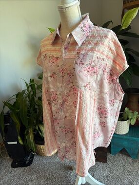 Women's Pink Floral Button-Down Shirt with Lace Trim